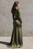 Olive Mermaid Satin Long Sleeves Formal Dress with Slit