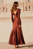 Burgundy Satin Mermaid V-Neck Long Formal Dress