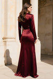 Burgundy Satin V-Neck Long Sleeves Formal Dress