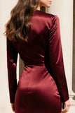 Burgundy Satin V-Neck Long Sleeves Formal Dress