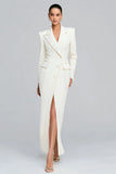 White Peak Lapel Sheath Long Sleeve Blazer Dress with Slit