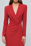 Red Peak Lapel Sheath Long Sleeve Work Dress with Slit