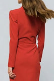 Red Peak Lapel Sheath Long Sleeve Work Dress with Slit