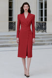 Red Sheath Peak Lapel Midi Work Dress with Slit