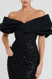 Off the Shoulder Mermaid Black Sequin Long Formal Dress