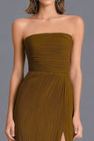 Brown Strapless Sheath Pleated Long Formal Dress with Slit