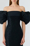 Black Off the Shoulder Mermaid Sequin Puff Sleeve Long Formal Dress
