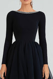 Black A Line Beaded Round Neck Long Sleeve Formal Dress