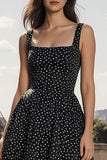 A Line Square Neck Long Black White Dots Dress