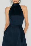 Halter Navy A-Line Long Satin Dress with Pockets