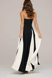 Elegant Black and White A Line Strapless Maxi Dress