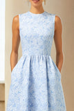 Blue A Line Long Jacquard Floral Dress with Pockets