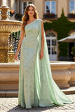One Shoulder Sheath Sage Green Maxi Floral Dress with Cape
