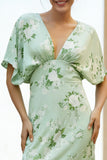 Sage Sheath V-Neck Long Floral Dress with Cape Sleeves