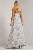 Dusty Blue A Line Spaghetti Straps Long Floral Dress
