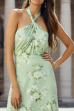 Sage Halter A-Line Open Back Long Floral Dress