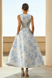 Dusty Blue A Line Floral Long Jacquard Dress with Pockets