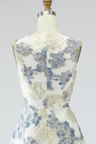 Dusty Blue A Line Floral Long Jacquard Dress with Pockets