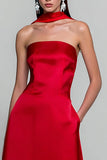 Red Strapless A Line Long Convertible Satin Dress with Pockets