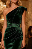 Dark Green Sheath One Shoulder Velvet Long Formal Dress with Side Cape