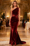 Burgundy Mermaid Velvet One Shoulder Ruched Long Formal Dress