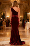 Burgundy Mermaid Velvet One Shoulder Ruched Long Formal Dress