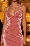 Sparkly Pink Spaghetti Straps Sheath Velvet Formal Dress with Beading