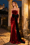 Burgundy Sheath Strapless Velvet Formal Dress with Bows