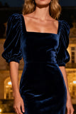Navy Mermaid Square Neck Puff Sleeves Velvet Long Formal Dress
