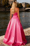 Strapless Bright Pink Ball Gown Prom Dress With Bow