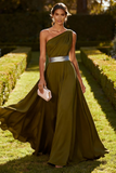 Dusty Blue One Shoulder A Line Chiffon Maxi Formal Dress
