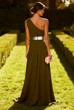 Dusty Blue One Shoulder A Line Chiffon Maxi Formal Dress