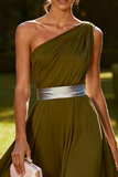 Dusty Blue One Shoulder A Line Chiffon Maxi Formal Dress