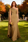 Khaki One Shoulder Mermaid Formal Dress with Side Streamer