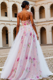 Sparkly Pink Floral Strapless A Line Beaded Long Prom Dress