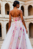 Sparkly Pink Floral Strapless A Line Beaded Long Prom Dress