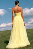 Strapless Light Yellow A Line Organza Long Prom Dress