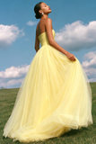 Strapless Light Yellow A Line Organza Long Prom Dress