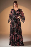 Black Pink Floral A Line Long Sleeve Mother of the Bride Dress