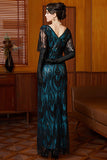 Black Blue Sheath Sequin V-Neck Long 1920s Dress