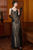 Sparkly Black Apricot Sheath Spaghetti Straps Long 1920s Dress with Sequins