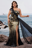 Saprkly Black Golden Mermaid One Shoulder Long Evening Dress with Slit