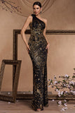 Black Golden Sequins Mermaid One Shoulder Beaded Long 1920s Dress with Slit