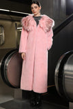 Pink Open Front Faux Fur Fluffy Shawl Lapel Women Coat