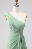 Sage Green A-Line One Shoulder Long Bridesmaid Dress with Slit