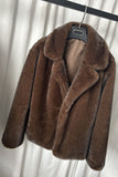 Brown Notched Lapel Faux Fur Women Coat