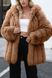 Coffee Puffy Long Sleeve Hooded Faux Fur Women Coat