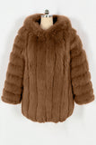 Coffee Puffy Long Sleeve Hooded Faux Fur Women Coat