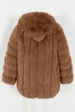 Coffee Puffy Long Sleeve Hooded Faux Fur Women Coat