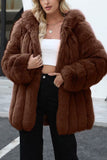 Coffee Puffy Long Sleeve Hooded Faux Fur Women Coat